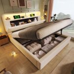 Lit coffre adulte 140x190 cm avec t�te de lit coffre r�glable en hauteur led usb + type - c sans matelas ...