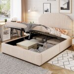 Lit coffre adulte 140x200 cm avec rangement hydraulique sommier � lattes grande t�te de lit tissu beige ...