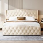 Lit coffre adulte 140x200cm avec sommier � lattes en m�tal lit de rangement double?blanc