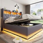 Lit coffre lit adulte 160 x 200 cm avec rangement - levier hydraulique - �clairage led - port usb - tissu ...