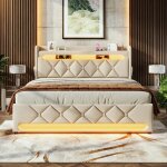 Lit coffre adulte 180x200 cm lit double avec led usb et type c coffre de rangement sommier � lattes tissu ...