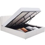 Lit coffre adulte 180x200 cm avec tête de lit capitonnée en tissu bouclé beige - ava Lit coffre adulte 180x200 cm avec tête de lit capitonnée en tissu bouclé beige - ava