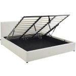 Lit coffre adulte 180x200 cm avec tête de lit matelassée en tissu bouclé beige et sommier - tina Lit coffre adulte 180x200 cm avec tête de lit matelassée en tissu bouclé beige et sommier - tina