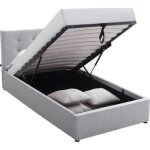 Lit coffre adulte 90x190 cm avec tte de lit matelasse en tissu gris et sommier - tina