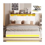 Lit coffre adwolt 160x200 cm - hydraulique - led - tissu pu - 2 places - blanc