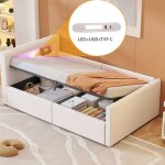 Lit coffre - becag - lit enfant rembourr� 90x200 cm avec led et usb - lit simple capitonn� avec rangement ...