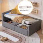 Lit coffre - becag - lit enfant rembourr� 90x200 cm avec led et usb - lit simple capitonn� avec rangement ...