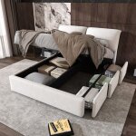 Lit coffre capitonn� 140x190 cm - modernluxe - 3 tiroirs - sommier � lattes - velours - beige(sans matelas) ...