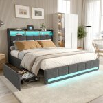 Lit coffre capitonn� 140x200 avec led - ylszhyrlit rembourr� avec 4 tiroirlit 2 personnesgrislin