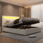 Lit coffre capitonn� 160x200 cm - merax lit double queen size - avec �clairage led - t�te de lit haute ...