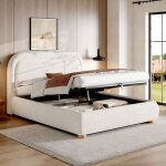 Lit coffre capitonn� 160x200 cm en tissu boucl� blanc lit double avec sommier relevable et rangement