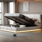 Lit coffre capitonn� 180x200 avec �clairage led sommier relevable hydraulique simili - cuir blanc