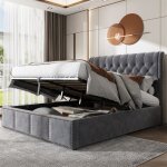 Lit coffre 180x200 cm - gris - lit capitonné en velours - sommier à lattes inclus - rangement coffre ... Lit coffre 180x200 cm - gris - lit capitonné en velours - sommier à lattes inclus - rangement coffre ...
