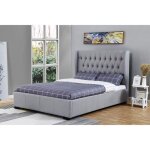 Lit coffre clarisse capitonne en tissu lin gris 140 x 190 cm