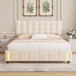 Lit coffre - comanlai - comanlai - 140x190 cm - velours beige - led int�gr� & rangement hydraulique