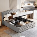 Lit coffre - comanlai - 160x200 - t�te capitonn�e velours gris - sommier � lattes - rangement hydraulique ...