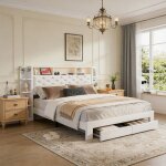 Lit coffre - comanlai - 160x200 - velours blanc - t�te capitonn�e - led & usb - 2 tiroirs