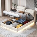 Lit coffre double 140 x 200 cm lit adulte avec bande led sommier  lattes rangement hydrauliquette de ...