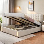 Lit coffre double 140x200cm avec led automatiquet�te de lits rembourr�e rangement spacieux & sommier ...
