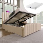 Lit coffre double 140x200cm - pdzzzd - matelas inclus - t�te de lit rembourr�e - usb - c - syst�me hydraulique ...