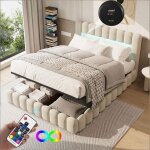 Lit coffre double 140x200 cm avec coffre de rangement lit deux place avec led et usb sommier � lattes ...