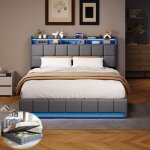 Lit coffre double 160 x 200 cm avec led et chargement usb / type - c t�te de lit avec avec �tag�res coffre ...