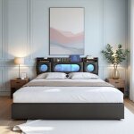 Lit coffre double 160x200 - noir pu - rangement pneumatique - led rgb - charge usb / type - c