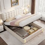 Lit coffre double 160x200cm avec led automatiquet�te de lits rembourr�e rangement spacieux & sommier ...