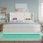 Lit coffre lit double 180x200 cm en pu - avec led et port de recharge usb type c - espace de rangement ...