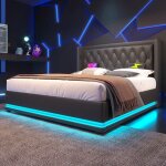 Lit coffre lit double 180x200 cm en pu - avec led et port de recharge usb type c - espace de rangement ...