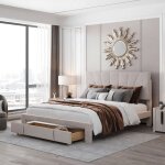 Lit coffre double avec t�te de lit et sommier 140 x 200 cm velours beigecadre de lit rembourr�tiroir ...