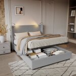 Lit coffre - dreammespace - 140x200cm - velours c�tel� gris - t�te de lit avec liseuse - 2 places