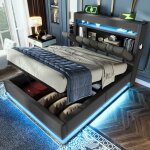 Lit coffre enfant 90�200 cm led t�te de lit avec rangement usb et type - c sommier tapissier sans matelas ...