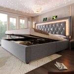 Lit coffre hydraulique 160x200 cm - velours gris - avec led usb et type - c - lit double avec t�te de ...