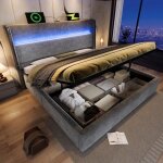 Lit coffre hydraulique 180 x 200 cm lit double design rembourr� avec t�te de lit haute et sommier � lattes ...