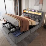 Lit coffre hydraulique 180 x 200 cm t�te rembourr�e led ports usb type - c �tag�res rangement et pieds ...