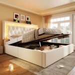 Lit coffre hydraulique luxueux - 160x200 cm - velours beige - led usb et type - c - lit double large ...