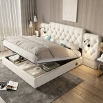 Lit coffre - langtu - 160x200 velours beige t�te xxl capitonn�e - sommier relevable - liseuses led & ...