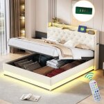 Lit coffre led lit double 160x200cm lit adulte avec chargeur usb et support hydraulique tissu lin peau ...