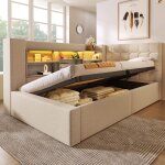 Lit coffre en lin 90x190 cm avec �clairage led et sommierlit adulte - t�te de lit en llit simple avec ...