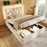 Lit coffre - merax - lit coffre capitonn� avec led - 90x200 cm - velours beige - rangement hydraulique ...