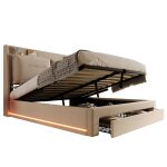 Lit coffre avec rangement beige 140�190 cm sommier inclus led r�glables velours structure stable