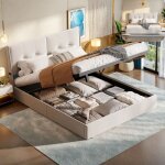 Lit coffre - ravas - 160 x 200 cm - �clairage led - poches lat�rales en t�te de lit - sommier � lattes ...