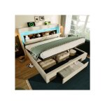 Lit coffre rembourr� 160x200 cm - modernluxe - led + usb - 1 tiroir - t�te de lit avec rangement - lin ...