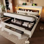 Lit coffre rembourr� 160x200 cm avec rangement hydraulique tiroir led usb & usb - c sommier � lattes ...