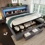 Lit coffre rembourr� 180x200 cm - ports usb type - c - rangement hydraulique - tiroir - �clairage led ...