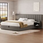 Lit coffre rembourr� avec 2 tables de chevet et sommier � lattes inclus evryae 160x200 cm lin gris