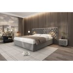 Lit coffre rembourr� evryae 180x200 cm velours gris capitonn� led lecture grand coffre hydraulique