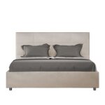 Lit coffre rembourr - mika - 160x190 - microfibre sable - tte de lit matelasse - sommier inclus