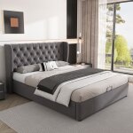 Lit coffre rembourr� style chesterfield haute t�te capitonn�e floragrace 140x200 cm velours gris